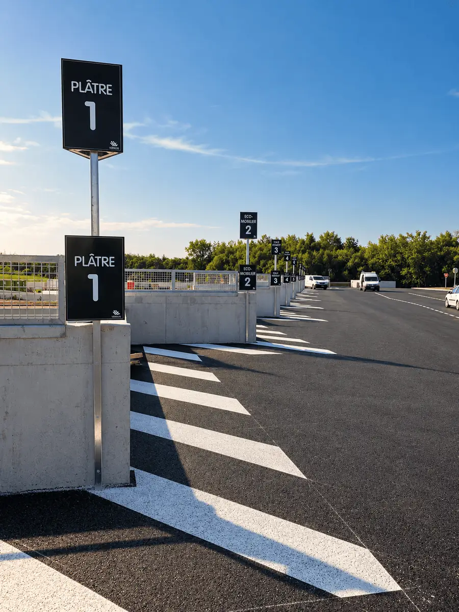 Signalétique extérieure : panneaux numérotés sur poteaux en déchetterie
