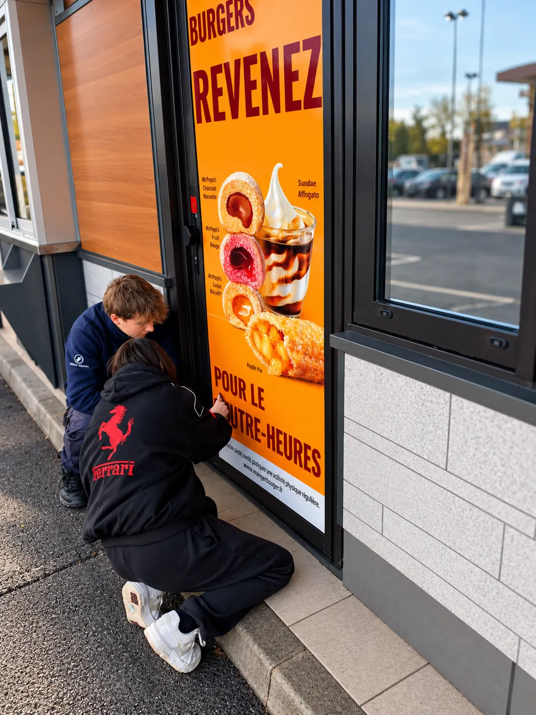 Pose d'un adhésif publicitaire sur la vitrine d'un restaurant