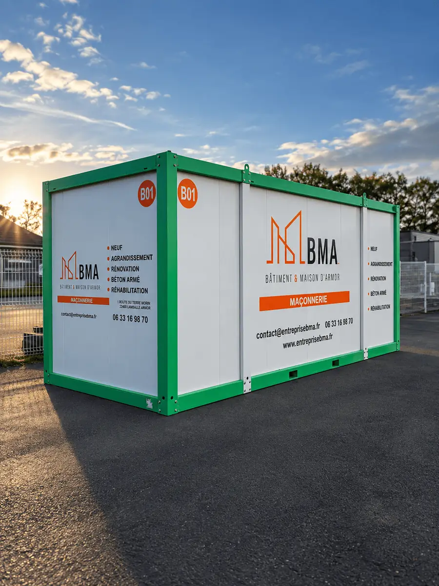 Lettrage adhésif publicitaire sur bungalow de chantier BMA à Lamballe