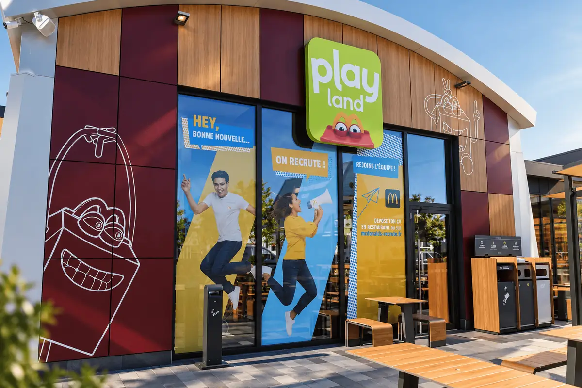 Enseigne de façade et vitrophanie McDonald's avec habillage Playland